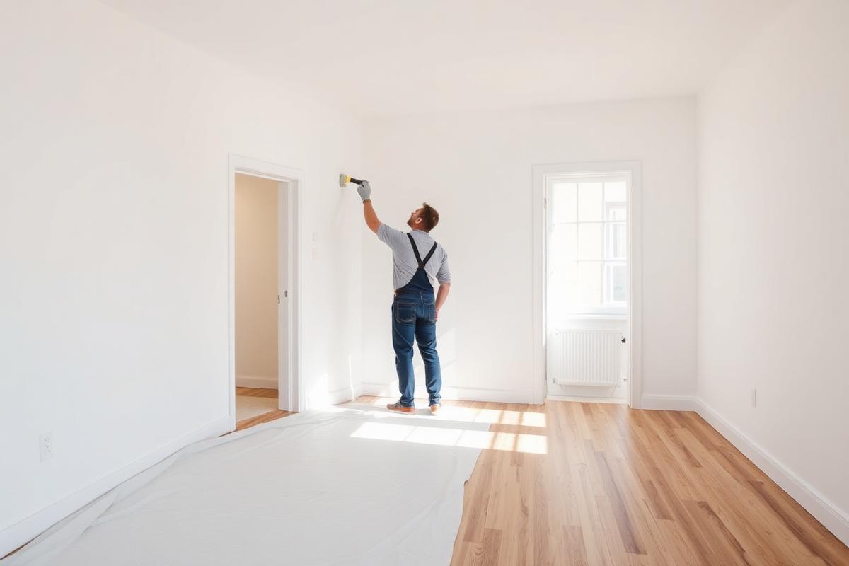Handwerker streicht die Wand einer leeren Wohnung frisch weiß