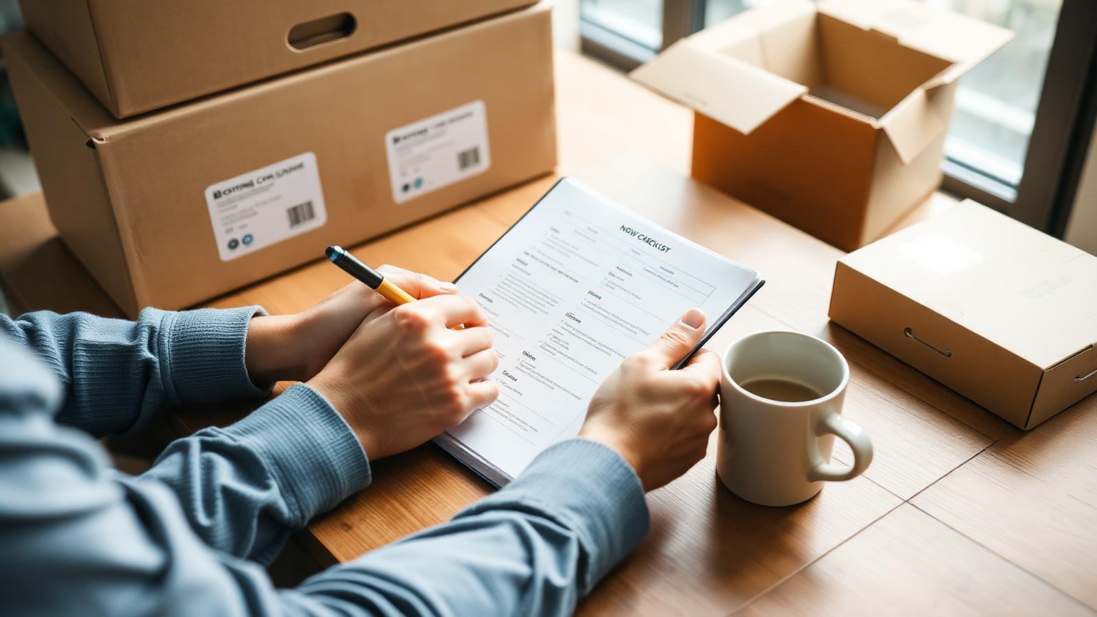Person schreibt eine Umzugscheckliste neben gepackten Kartons