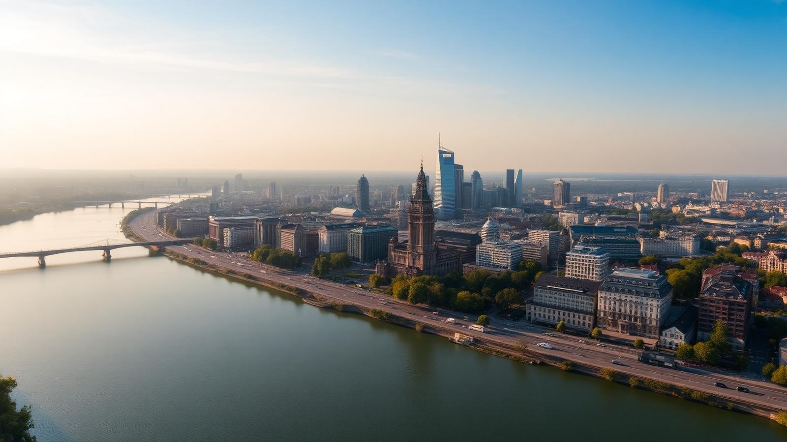 Luftaufnahme des Rhein-Main-Gebiets mit Fluss und Skyline