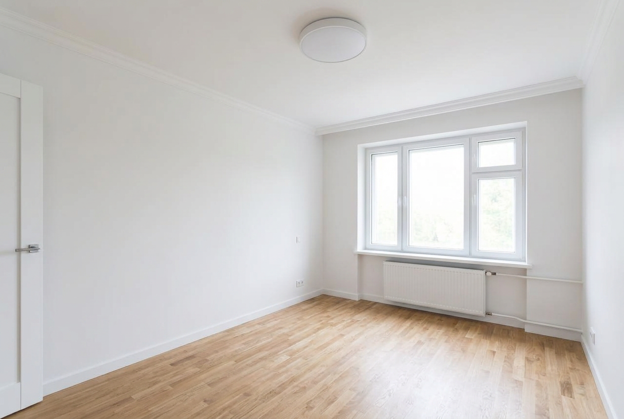 Dasselbe Wohnzimmer nach der Renovierung mit weißen Wänden und neuem Eichenparkett