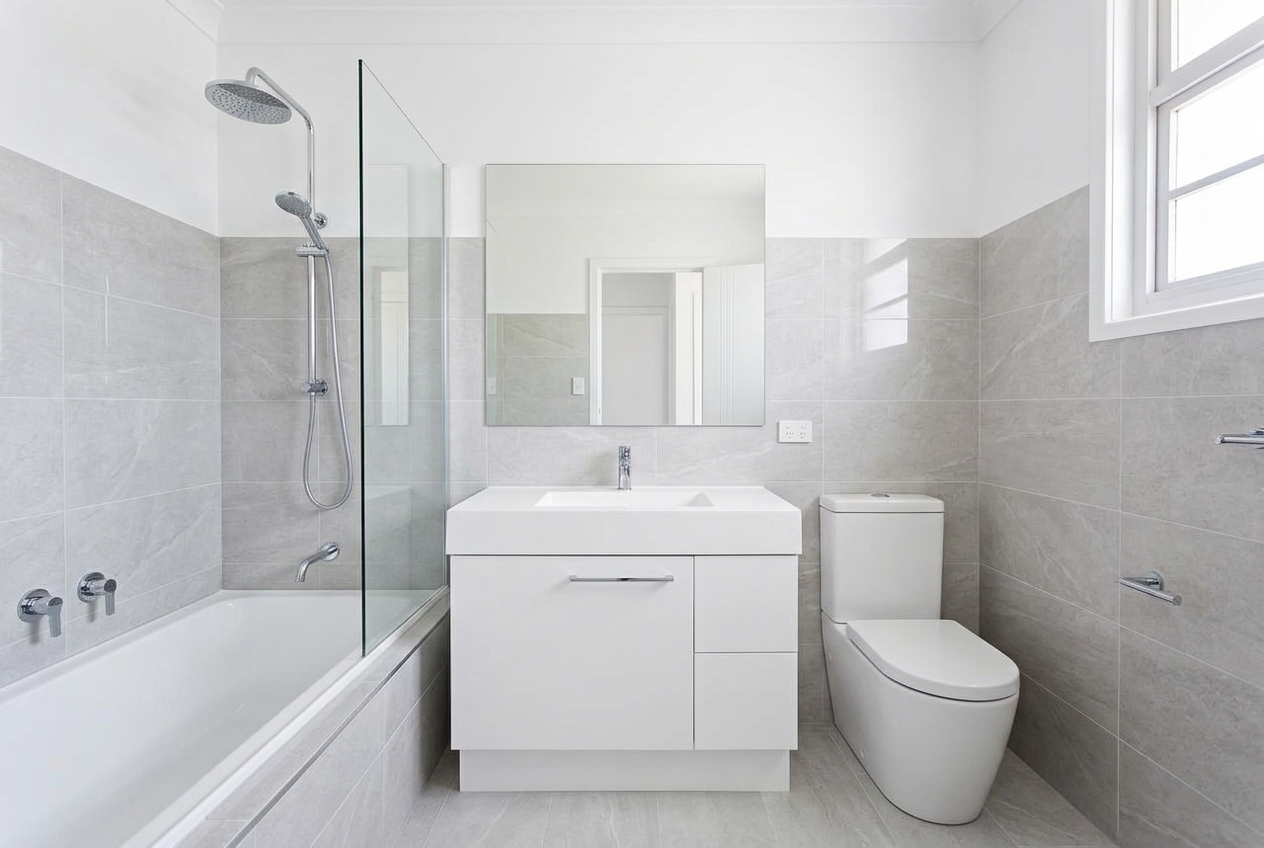 Modernisiertes Badezimmer mit großformatigen grauen Fliesen und neuem Waschtisch