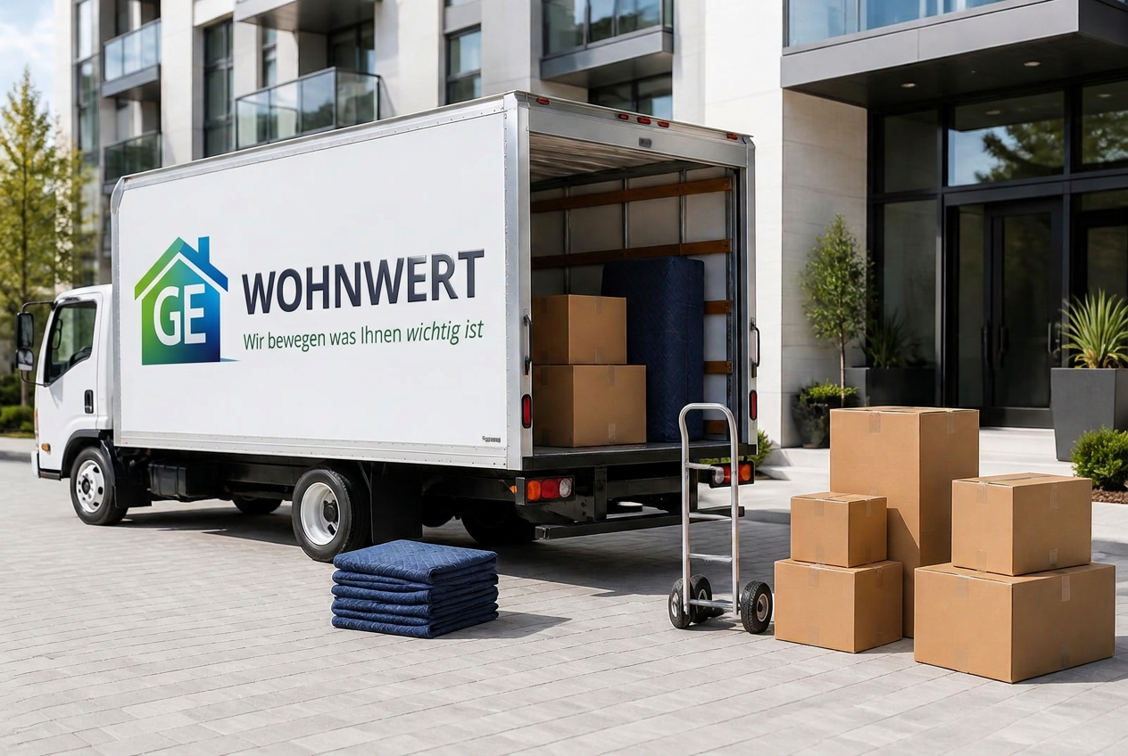 Weißer Umzugswagen mit blau-grünem Design, Kartons und Schutzdecken vor einer modernen Wohnanlage