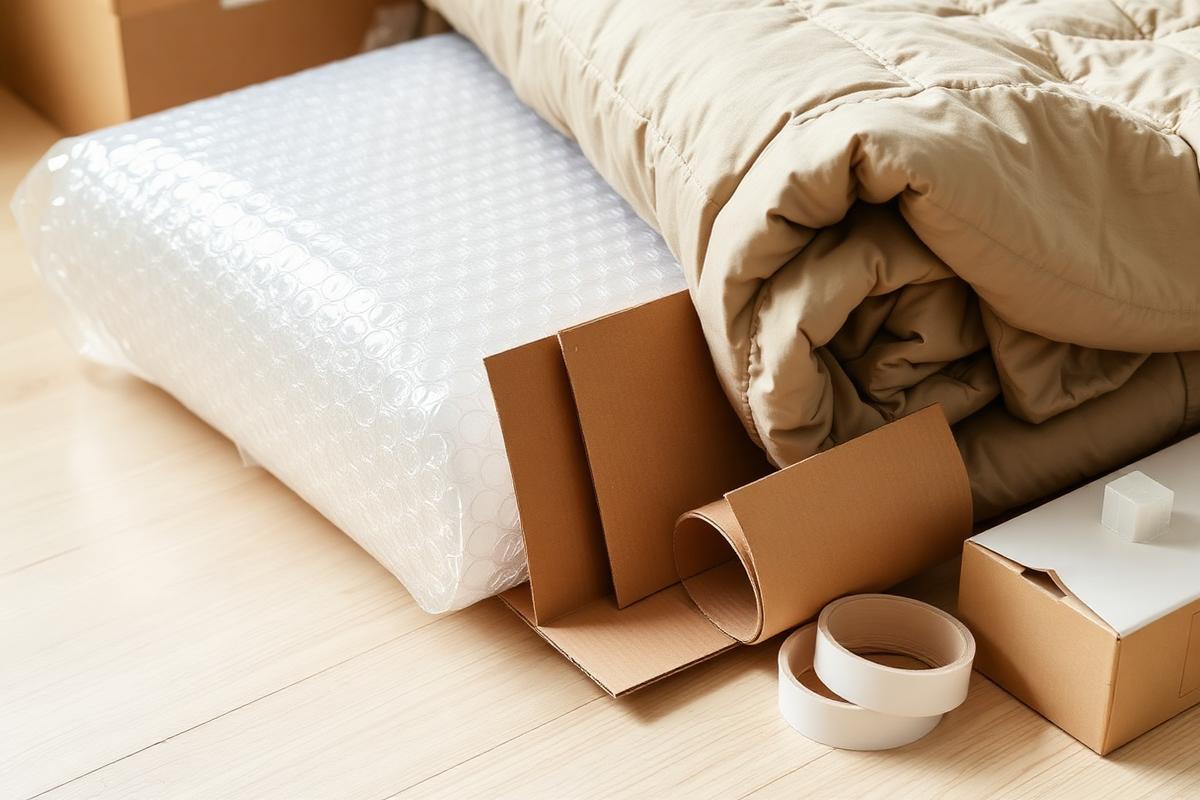 Luftpolsterfolie, Möbeldecke, Pappwinkel als Kantenschutz und Klebeband auf hellem Holzboden