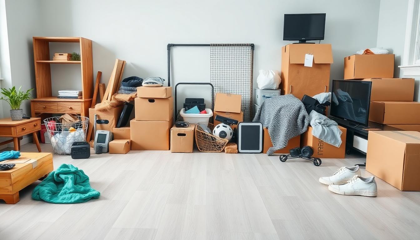 Sortierte Möbel, Kartons, Elektrogeräte und Textilien für eine umweltbewusste Entrümpelung